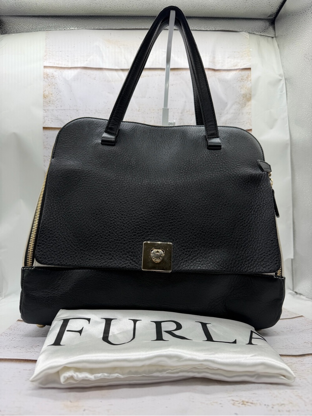 Furla Black Pebbled Leather shoulder bag with Gold Accent black & ivory